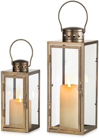 NUPTIO Vintage Torches Gold Distressed: 24 35cm Tall Hanging Decorative Farmhouse Metal Lantern Interior Decoration with Glass – Candle Holder for Halloween Home Mantle Living Room Patio NUPTIO Vintage Torches Gold Distressed: 24 35cm Tall Hanging Decorative Farmhouse Metal Lantern Interior Decoration with Glass – Candle Holder for Halloween Home Mantle Living Room Patio