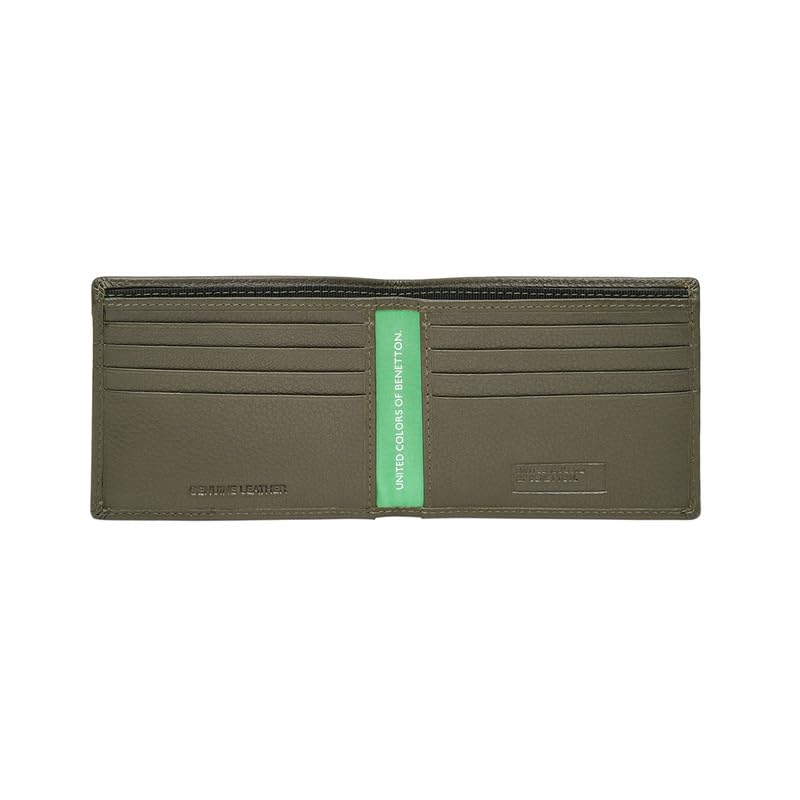 Image of United Colors of Benetton Men's Minimalist Leather Slimfold Wallet Gladbeck - Olive | Thin Bifold with 8 Card Slots & 2 Compartments | Stylish Purse of Gents