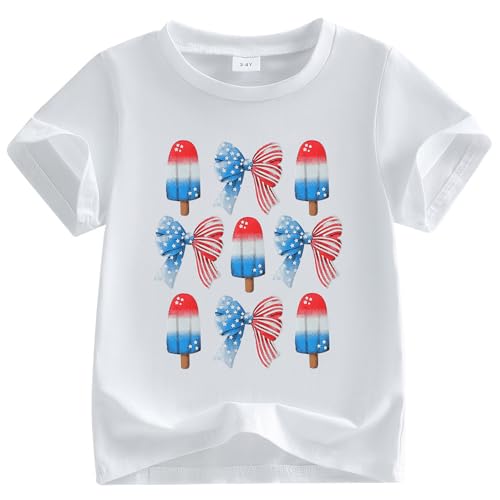 Image of Kids Toddler Girls 4th of July T-Shirt Short Sleeve Patriotic Coquette Bow American Flag Independence Day Top