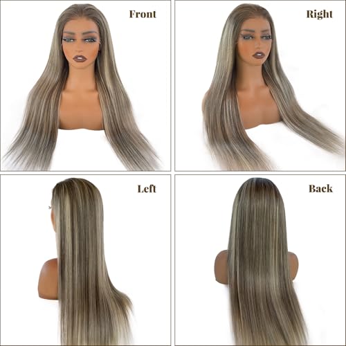 Image of Long Straight Highlight Lace Front Wig Human Hair 180% Density 13X6 Ombre Ash Brown Mixed 613 Blonde with Dark Brown Roots Lace Front Wigs Human Hair for White Women Pre Plucked Hairline 32 Inch