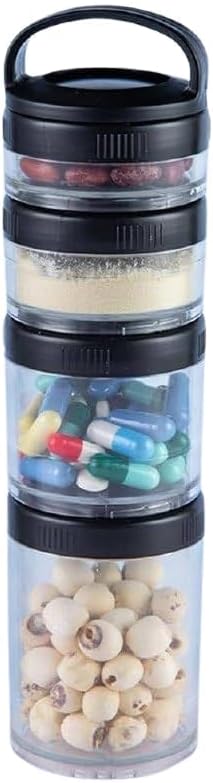 Acrylic Portable Stackable Snack Container 4 Layer Nut Box, Snack Storage Jars and Portion Control, Food Container with Lid, Twist Lock Container Cups, Black