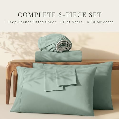 Image of Hearth & Harbor Bed Sheets, Luxury Soft 6 Piece Bed Sheet Set Extra Deep Pocket Fitted Sheets Fits Mattress up to 21 inch, Double Brushed Bedding Sheets & Pillowcases, Split King Ice Green