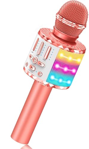 Microfone Karaoke para crianças, microfone infantil com efeitos vocais e luzes LED, meninas e meninos de 3 a 15 anos, festas e diversão em família
