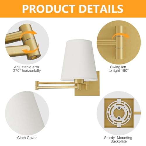 Image of Aipsun Gold Wall Sconce Set of 2, Swing Arm Wall Lamps, Modern Bedroom Wall Sconce Fixtures with Fabric Lampshade for Reading Hallway Living Room(Exclude Bulb)