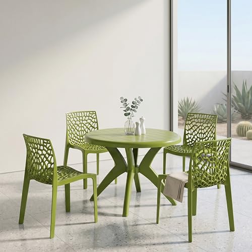 Image of Supreme Web Chair & Marina Table 5-Piece Set | Heavy Duty Plastic 4-Seater Dining Set for Living Room, Garden, Cafe & Outdoor Balcony, Color: Mehandi Green