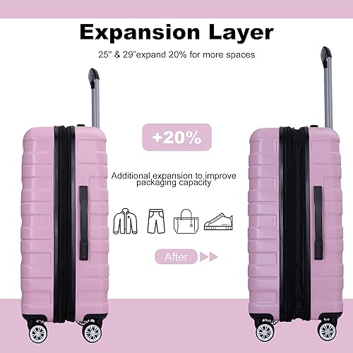 3 Piece Luggage Sets PC Lightweight & Durable Expandable Suitcase with Two Hooks, Double Spinner Wheels, TSA Lock, (21/25/29) Pink4