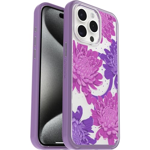 Image of OtterBox iPhone 15 Pro MAX (Only) Symmetry Series Clear Case - PAPERCUT FLOWERS (Purple), snaps to MagSafe, ultra-sleek, raised edges protect camera & screen