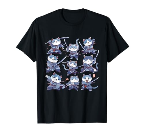 Lindo gato samurái azul kawaii japonés en muchas poses Camiseta