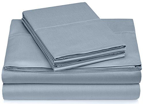 Amazon Brand – Pinzon 400 Thread Count Egyptian Cotton Sateen Hemstitch Sheet Set - Queen, Dusty Blue