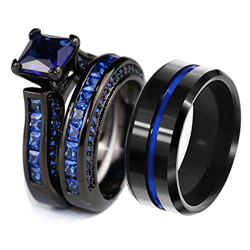 Couple Ring Bridal Sets His and Hers Women Black Gold Filled Square Blue CZ Men Stainless Steel Band Wedding Ring Band Set
