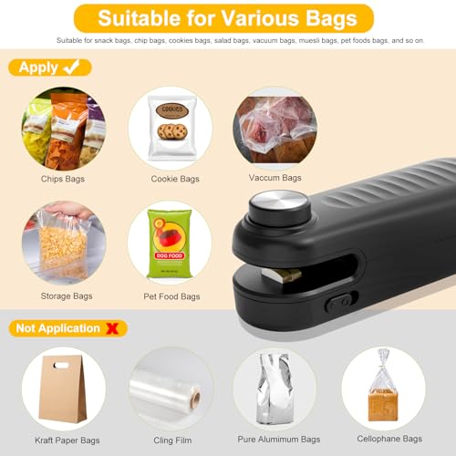 USB C Rechargeable Mini Bag Sealer with Cutter – Portable 2-in-1 Heat Seal for Snacks and Food Storage, Bright Black