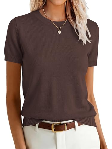 ANRABESS Womens Short Sleeve Sweaters Wool Blend Crew Neck Sweater Shirts Business Casual Work Tops 2026 Summer Outfits Deep Brown S