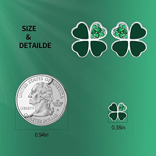 Qings Four Leaf Clover Stud Earrings 925 Sterling Silver Heart Lucky Shining Green Leaves Ear Studs St. Patrick's Day Floral Jewelry Gift for Women Girls