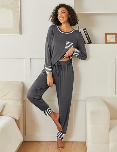 Image of Ekouaer 2 Pack Womens Pajama Sets Long Sleeve Lounge Sets Soft Pj Sleepwear Loungewear