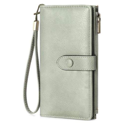 Image of GOIACII Womens Wallets Large Capacity Credit Card Holder RFID Blocking Leather Wallet Wristlet Ladies Clutch Purse Green