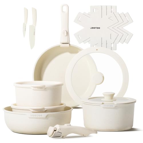 JEETEE Topf und Pfannensets mit abnehmbarem Griff 17-Teilig, Antihaft Pfanneset, Topfset Induktion, Kochtopf Set mit Deckel und Messer, Alle Herde kompatibel, PFOS/PFOA frei, Beige