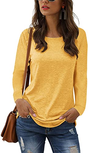 Hestenve Women's Long Sleeve Shirts Solid Color Casual Loose Fit Tee Round Neck Top Tunic Shirts Yellow Hestenve Women's Long Sleeve Shirts Solid Color Casual Loose Fit Tee Round Neck Top Tunic Shirts Yellow