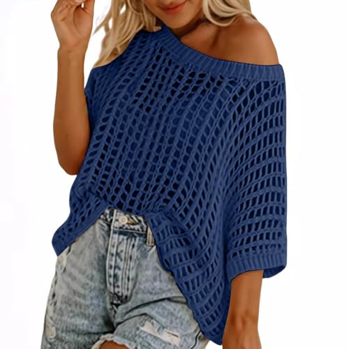Image of Women's Crochet Jumper Tops Oversize Summer Scoop Neck Short Sleeve Sweater Casual Hollow Out Knit Pullover Tops Beach Cover Up Ladies Sheer Shirts Beachwear 02 Navy XL