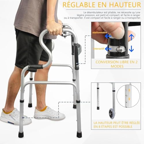Andador andador con asiento plegable – Ayuda de movilidad de altura ajustable para personas mayores, marco de aluminio ligero, estabilidad mejorada para mayor seguridad y comodidad