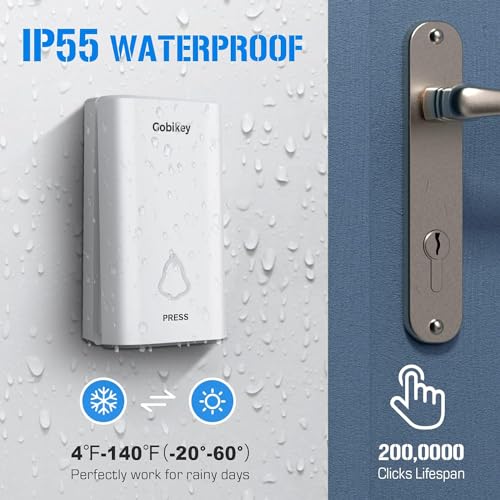 Wireless Doorbell,Self-Powered No Battery Door Bell, IP55 Waterproof Cordless Plug-in Doorbell Kit 2 Receivers, 52 Loud Chimes & 5 Level Volume (0-115dB) & 7 Colors Light for Home, Classroom, Front - Image 6