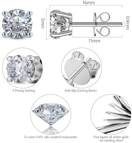 Moissanite Stud Earrings for Women and Men，925 Sterling Silver Earrings — view 2