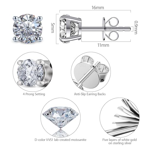 Moissanite Earrings, Diamond Stud Earrings for Women 1-3 CT 18K White Gold Plated/S925 Sterling Silver Earring for Men, Lab Grown Hypoallergenic Jewelry3