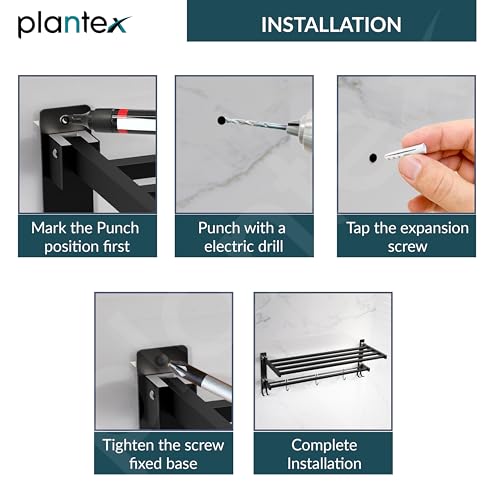 Image of Plantex Towel Rack for Bathroom /Stainless Steel Towel Bar /24 Inch Towel Holder with Towel Rod /Bathroom Accessories - (Black)