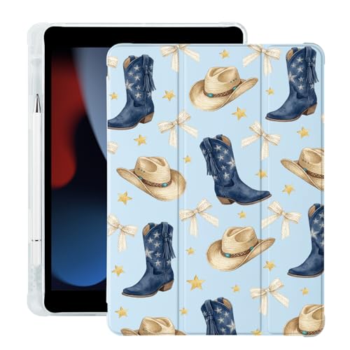 Étui iPad Pro 13 M4 2024 en cuir bleu avec porte-crayon et motif de chapeau de cowboy