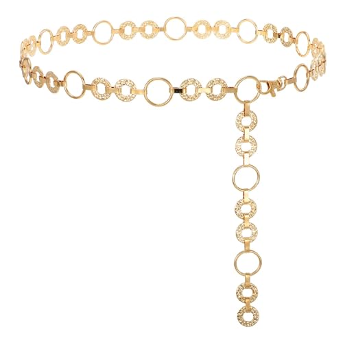 WHIPPY Metal Waist Chain Belt Women Adjustable Body Link Belts Ladies Fashion Chain for Jeans Dress, Gold Round M