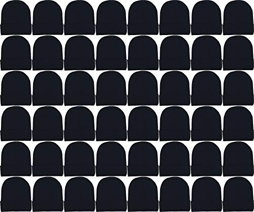 48 Pack Winter Beanies, Bulk Cold Weather Warm Knit Skull Caps, Mens Womens Unisex Hats (Black Ribbed)