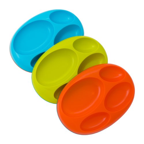 Image of Boon Platter Edgeless Nonskid Divided Plate, Blue/Orange/Green includes 3 pieces
