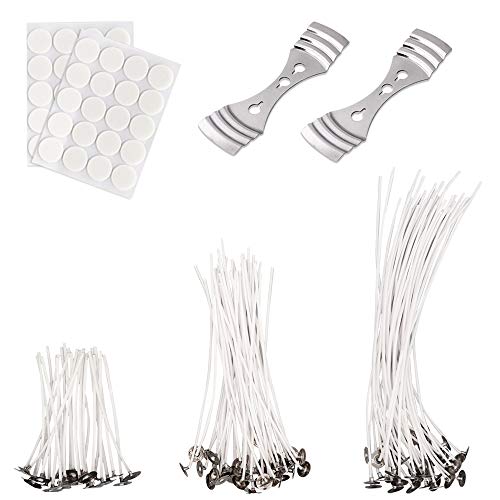 Mèche de Bougie, 150 Pièces Mèche de Bougie Cirée 10 cm, 15 cm, 20 cm 50 Pièces Chacune, Accessoires Bougie DIY avec Autocollants et 2 Supports Fixes pour Faire des Bougies, Kit Bougie DIY Cover