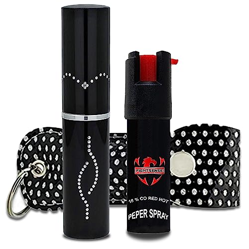 FIGHTSENSE Women Self Defense Kit Pepper Spray and Self Defense Lipstick Flashlight, Rechargeable Battery, Keychain Leather Pouch (Black)