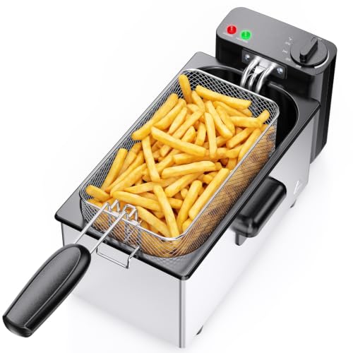 OLIXIS Deep Fryer for Home Use, Small Electric Fryer with 3 Liter Capacity, 1500W Power, 4 Adjustable Temp, Lid with Viewing Window for Fried Chicken, Shrimp, French Fries, Silver