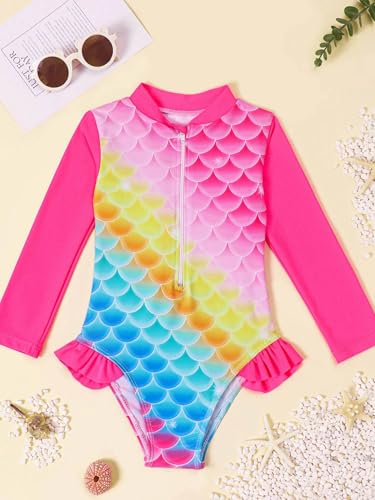 Kids Girls Hot Spring Beach Swimsuit Long Sleeve Bikini Scale Printed Sun Protection Bathing Suit3