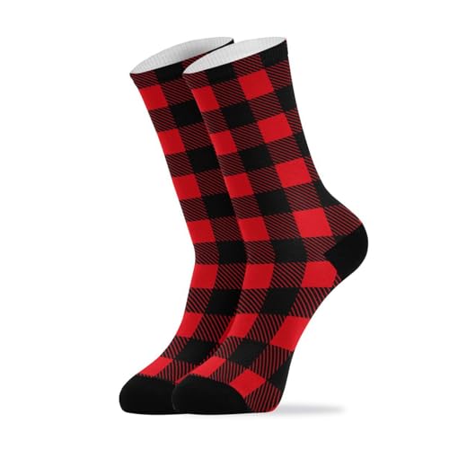 Crew Socks for Men Buffalo Plaid Mens Crew Socks for Hiking Sports Running Red Black