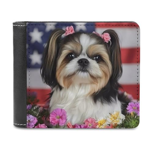Shih Tzu Dog And Flowers Bifold Wallet PU Leather Slim Purse Pocket Wallet with Card Holder for Women Men