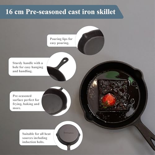 Buckingham Pre-Seasoned Premium Cast Iron Skillet Frying Pan Suitable for Induction Electric Gas Oven Safe Ideal for BBQ Grilling Cast Iron Pan for Low Fat Healthy Cooking 16.5 Cm - Image 4