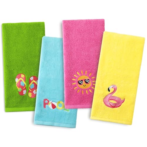 JarThenaAMCS 4Pcs Summer Beach Pool Hand Towels Cotton Embroidered Bathroom Towel Swimming Pool Slipper Sun Flamingo Decorative Dish Towel for Home Bathroom Kitchen Decor 13.8 x 29.5 Inch