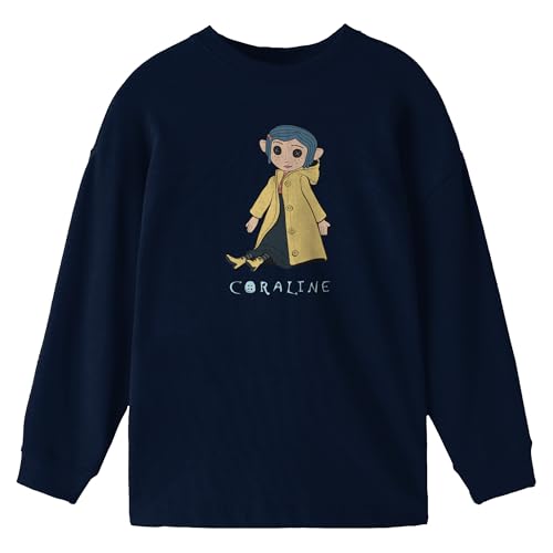 Bioworld Coraline Girls Navy Crew Neck Long Sleeve Sweatshirt - Medium