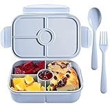 Bento Box Kids Lunch Containers for Kids with 4 Compartments Kids Bento Lunch Box Microwave Safe (Flatware Included,Light Blue)