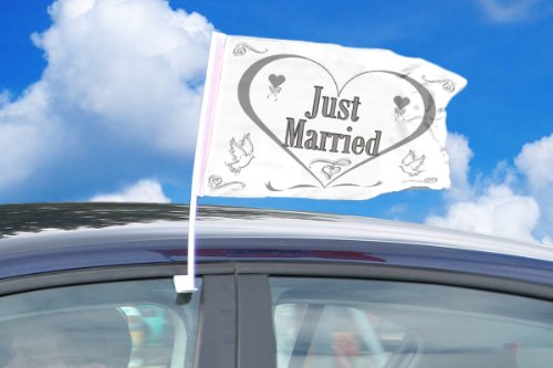 Preisvergleich Produktbild 1 Autofahne JUST MARRIED (weiss mit Täubchen)