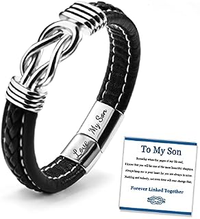 SUNSH Braided leather bracelet Forever Linked Together - Men's stainless steel braided leather bracelet with quote cuff bracelet for son.