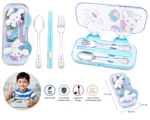 Image of Kids Cutlery Set with Box | Stainless Steel Spoon /Fork /Chopsticks | BPA-Free Food Grade Portable Lunch Utensils for School, Travel, Picnic & Camping