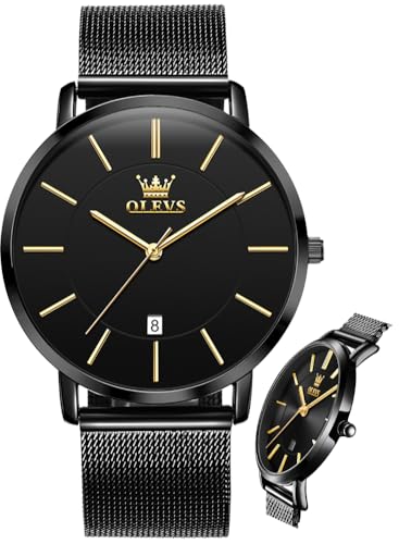 Image of OLEVS Men Leather Watches Black Ultra Thin 6.5mm Minimalist Dress Fashion Simple Casual Waterproof Date Watch for Men