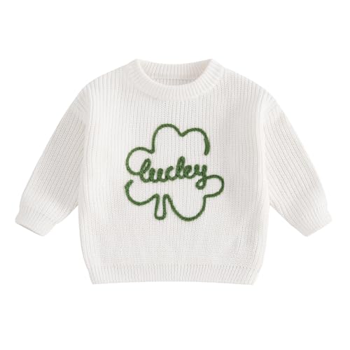 GINEVSAL Baby Boy Girls St. Patricks Day Outfit Unisex Four-Leaf Clover O-Neck Long Sleeve Sweater Shirt Pullover Sweatshirt (White, 9-12 Months)
