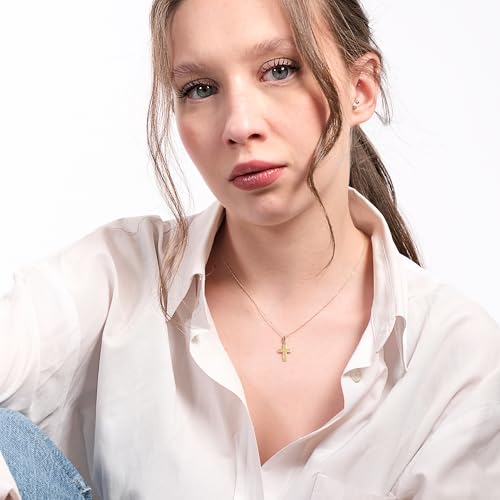 MIONZA 14K Solid Gold Cross Necklace for Women, Gold Cross Pendant Chain,Adjustable Crucifix Necklace,Religious Gifts for Her 18''2