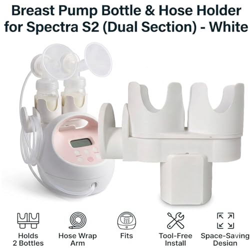 Breast Pump Bottle & Hose Holder for Spectra New S2 (Section)- Dual Bottle Organizer with Hose Wrap Arm, Space-Saving Design, Tool-Free Easy Installation (White, New Breast Pump)