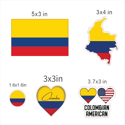 Image of Set of 5 National Flag Themed Sticker Decal of Flag, Country Map, Circular Shape, Heart Shape and with USA Flag for Car, Phone, Laptop, Mug, Bottle, Textbooks (Colombia)