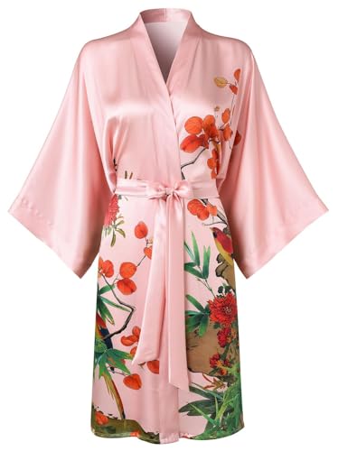 Image of Women's Silk Kimono Robe Short Bathrobe Nightgown 100% Mulberry Silk for Women - Classic Floral Pattern